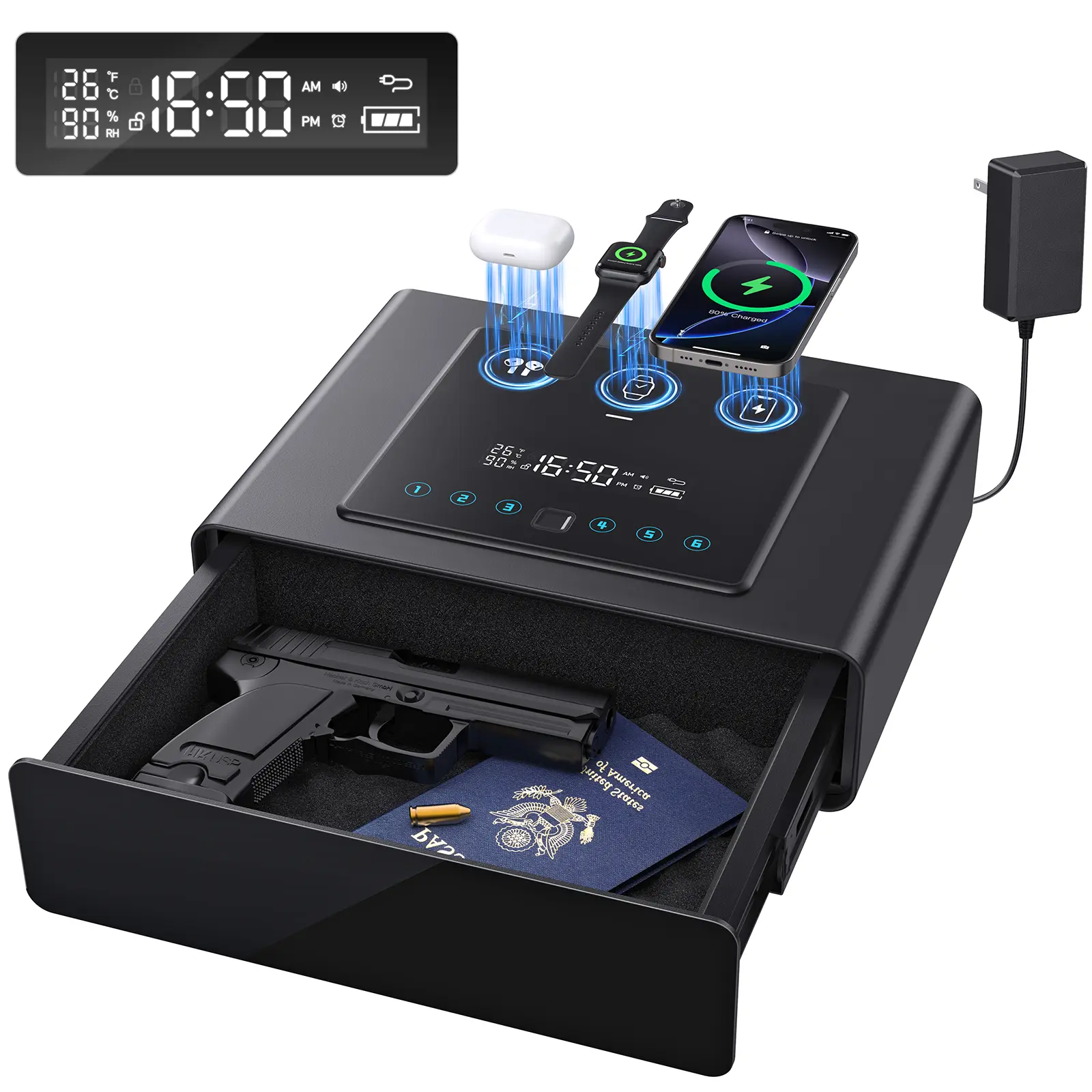 Yoqimi Smart Biometric Gun Safe with 3-in-1 Phone/Watch/AirPods Charging, Quick Fingerprint Access, Silent Drawer for Bedside