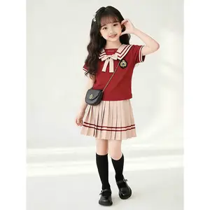 NewPreppy Style Girls' Summer Two-Piece Set New 2026 Summer Clothing Imitation Uniform Preppy Style Short-Sleeved T-Shirt Half-Length Skirt Two-Piece Set Summer Preppy Style Girls' Suit