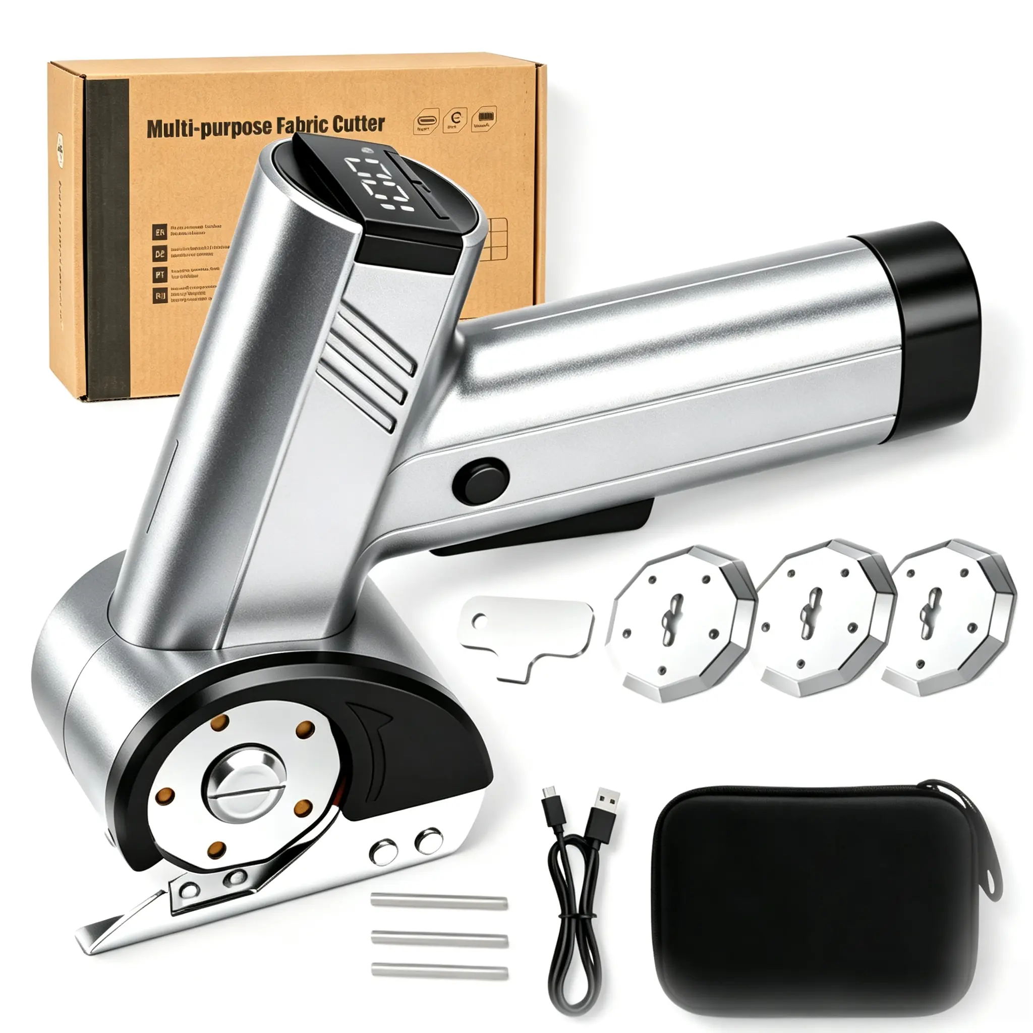【WeeklyDeals】SEEVOLX Cordless Rotary Electric Scissors - LED Display, Rechargeable, 4-Speed, 3 Blades, Wireless, Hard Case, Rotary Laminate Cutters, for Cardboard, Fabric, Home Workshop Adults, Father's Day, Special Occasions Gift, 4-Speed Adjustable, Fab