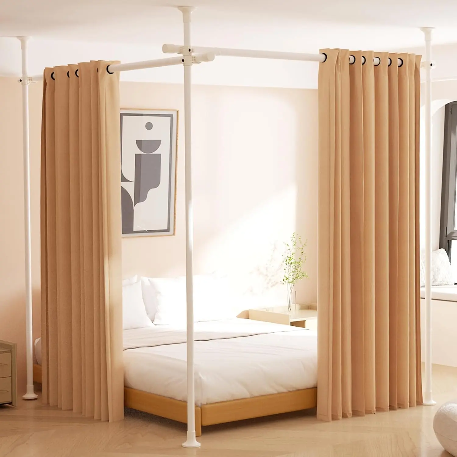 Stainless Steel Floor-to-Ceiling Tension Single Rod - Adjustable Size Bathroom/Home Shower Curtain Rod, 4-10ft H 28-114in W, No-Drilling Damage-Free Install Room Divider, White (Home & Bathroom Supplies)
