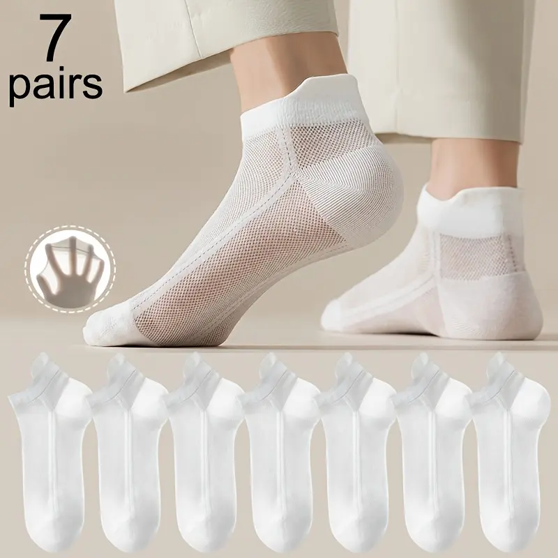 7-Pair Women's Spring, Summer, and Autumn Thin Socks, Solid Color Mesh Breathable Ankle Socks, Summer Women's Low-Cut Hollow-Out Boat Socks, Invisible Breathable Comfortable Casual Socks with Stay-Up Elastic, Non-Slip Heel, White Ankle Socks