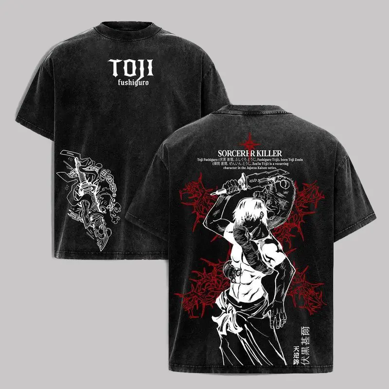 Toji Fushiguro Tee Washed – Jujutsu Kaisen Execution The Shibuya Incident × Culling Game Prelude Vintage Heavy Cotton Double Printed Front & Back Anime Manga T-Shirt, Retro Unisex Streetwear Battle Scene Edition, JJK Sorcerer Killer Graphic Tee
