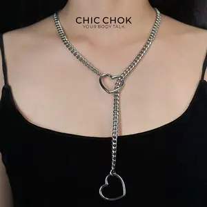 Heart O-Ring Slip Chain Necklace Punk Rock Stainless Steel Cuban Y-Necklace