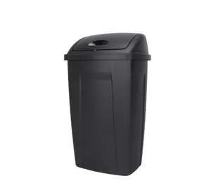 13 Gallon Kitchen Trash Can with Swing Lid – Black Plastic Waste Bin