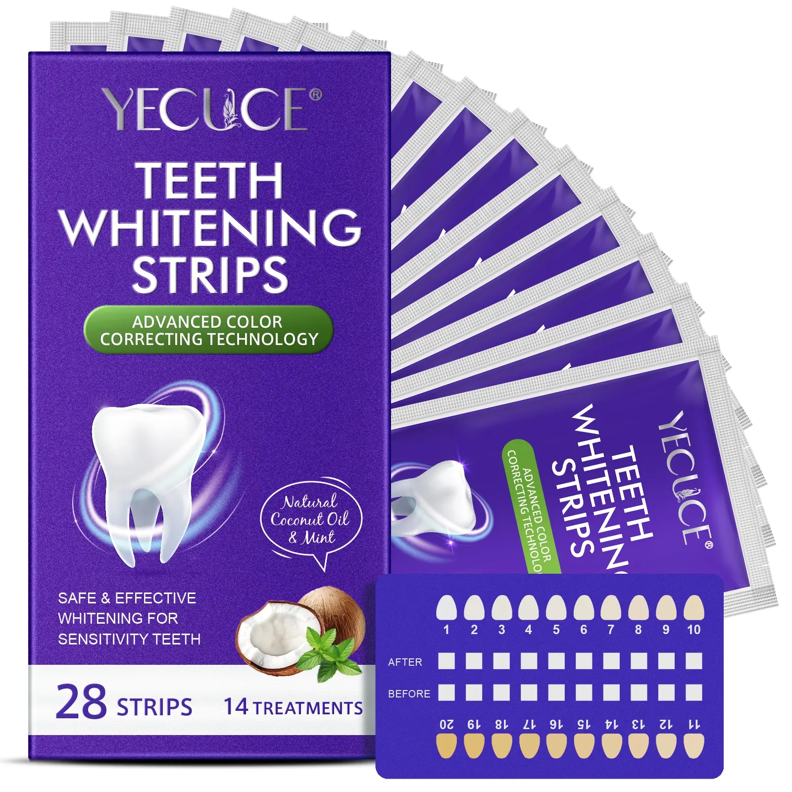 Natural Organic Mint Tooth Stickers, Coconut Mint Cleaning Strips, 14-Day Care, Anti-Slip Dry Strip Technology, Brighten Teeth, Fresh Breath, Whitening Teeth Strips