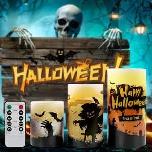 3pcs Halloween Flameless Candles With Remote Control Timer, LED Candles Powered By Batteries, Fake Pillar Candles, With Castle, Witch, Bat, Halloween Table Decoration