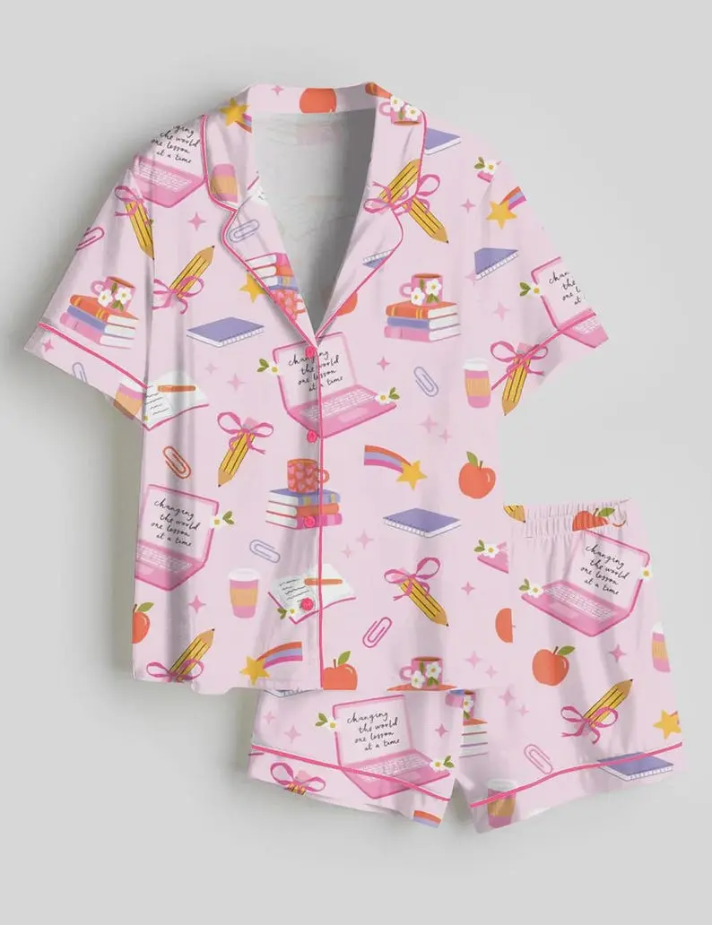 Teacher Pajama Set for Women – Cute Pink Teacher Sleepwear, Back to School Button-Up Short Sleeve PJ Set, Cozy Educator Loungewear