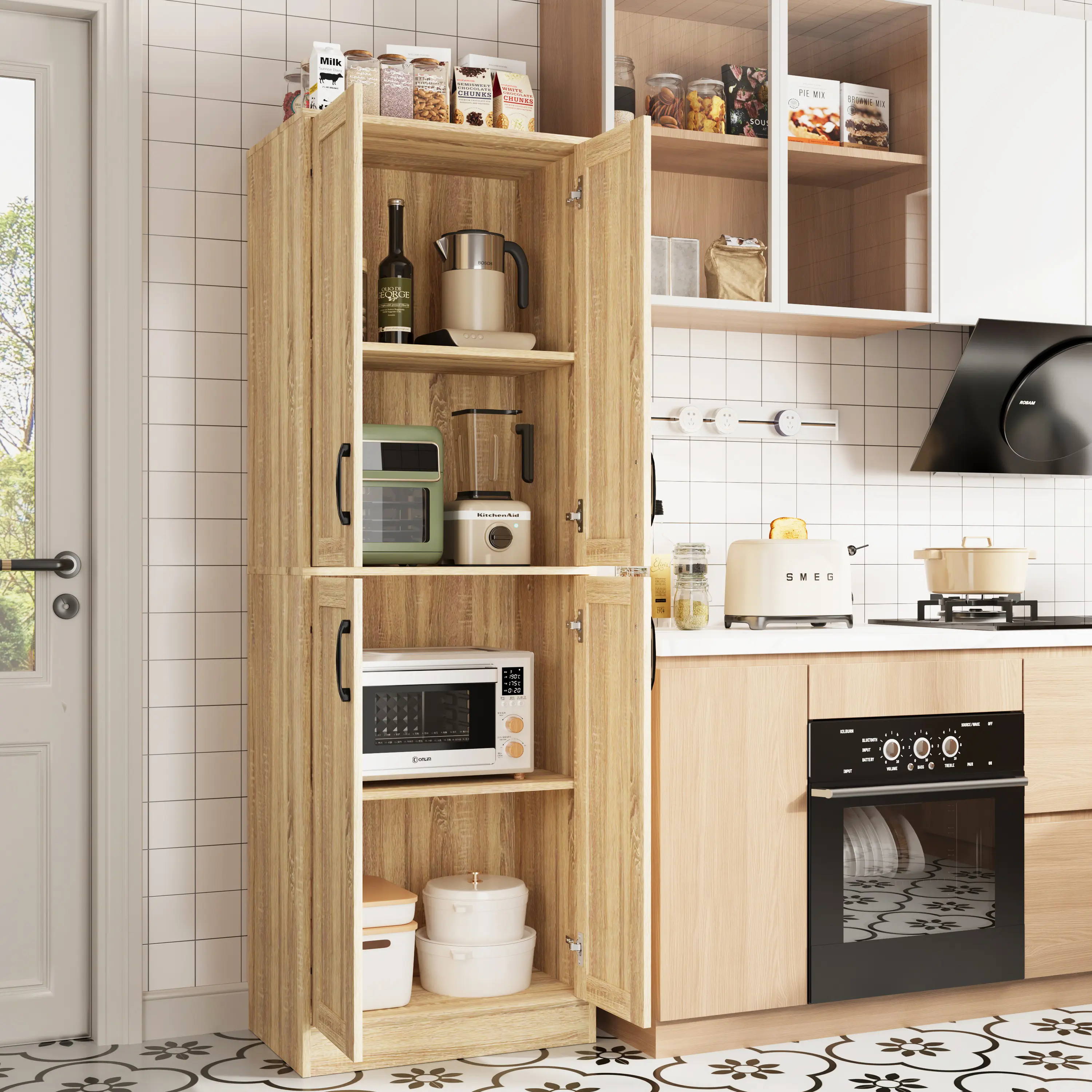 Modern Pantry Cabinet with 4 Door and 2 Adjustable Shelves,Storage cabinets with Gold Handles,Versatile Storage for Laundry Room, Living Room, Bathroom, Dinning Room, Utility Room Apartment Furniture Organizer