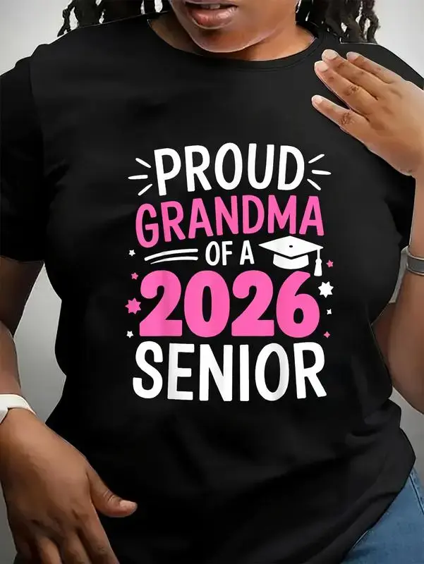 Men's 100% Cotton Short-Sleeve Unisex Class Of 2026 Proud Grandma Of A 2026 Senior Graphic Printed Casual Round Neck T-Shirt, Simple, Comfortable, Soft