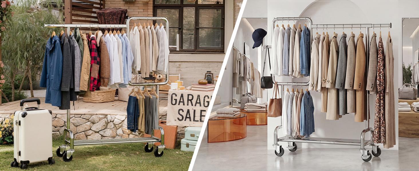 SOLEDI Heavy Duty Clothes Rack – Rolling Partitioned Wardrobe Organizer with Lockable Wheels, Bedroom & Laundry Storage, 460 lbs Capacity,garment rack,, laundry organizer, coat rack, space saver,teacher appreciation gifts sturdy metal frame