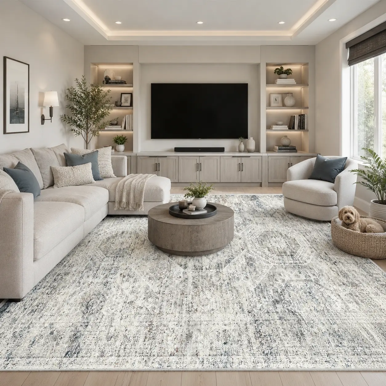 ComiComi Modern Luxury Medallion Cozy Area Rug - Ivory Gray, High-Density Low Pile, Waterproof, Non-Slip, Stain-Resistant, Washable Rug for Living Room, Bedroom Sofa Area Rugs, Home Decor Item, Mid-Year Sale, 5x7/6x9/8x10/10x14 Indoor Rug