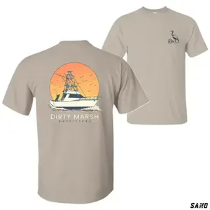 Menswear Short-Sleeve Classic Stylish T-Shirt - Dirty Marsh Outfitters Sand Color Offshore Fishing Boat Top with Sunset Graphic, for Saltwater Fishermen - KitchenEra
