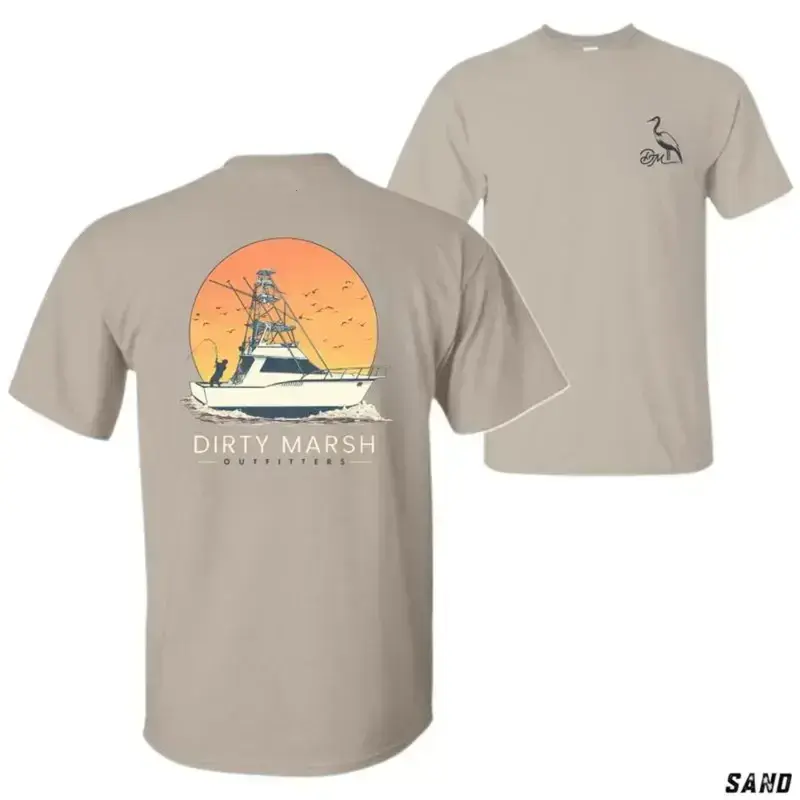 Menswear Short-Sleeve Classic Stylish T-Shirt - Dirty Marsh Outfitters Sand Color Offshore Fishing Boat Top with Sunset Graphic, for Saltwater Fishermen - KitchenEra