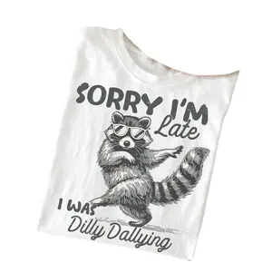 Funny Raccoon Graphic T-Shirt, Sarcastic 'Dilly Dallying' Humor, Soft Casual Cotton Short-Sleeve Top