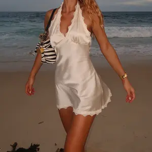 Women Mini Dress Sleeveless Halter Dress Backless Lace Trim Summer Party Dress