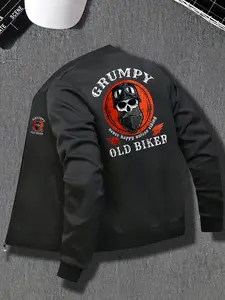 Men's Skull & Wings Motorcycle Jacket, Grumpy Old Biker Slogan, Full Zip Casual Sport Collar, Fall Winter Coat