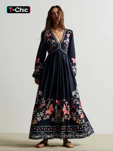 Women's Bohemian Boho Elegant Floral Print V Neck Long Sleeve Dress, Loose Fit Woven Fabric, Perfect for Fall & Winter Holidays, Evening, Casual Wear, Womenswear