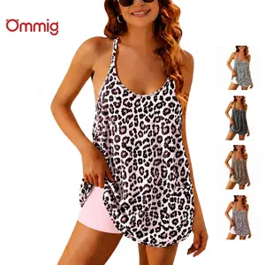 Ommig Womens Leopard Print Athletic Sleeveless Mini Dress with Built-in Shorts 2-in-1 V Neck Spaghetti Strap Sundress