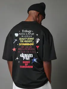 Trendy Music Album Graphic Tee, Trilogy Kiss Land Starboy Prints, Casual Short Sleeve T-Shirt, Comfortable Cotton Streetwear