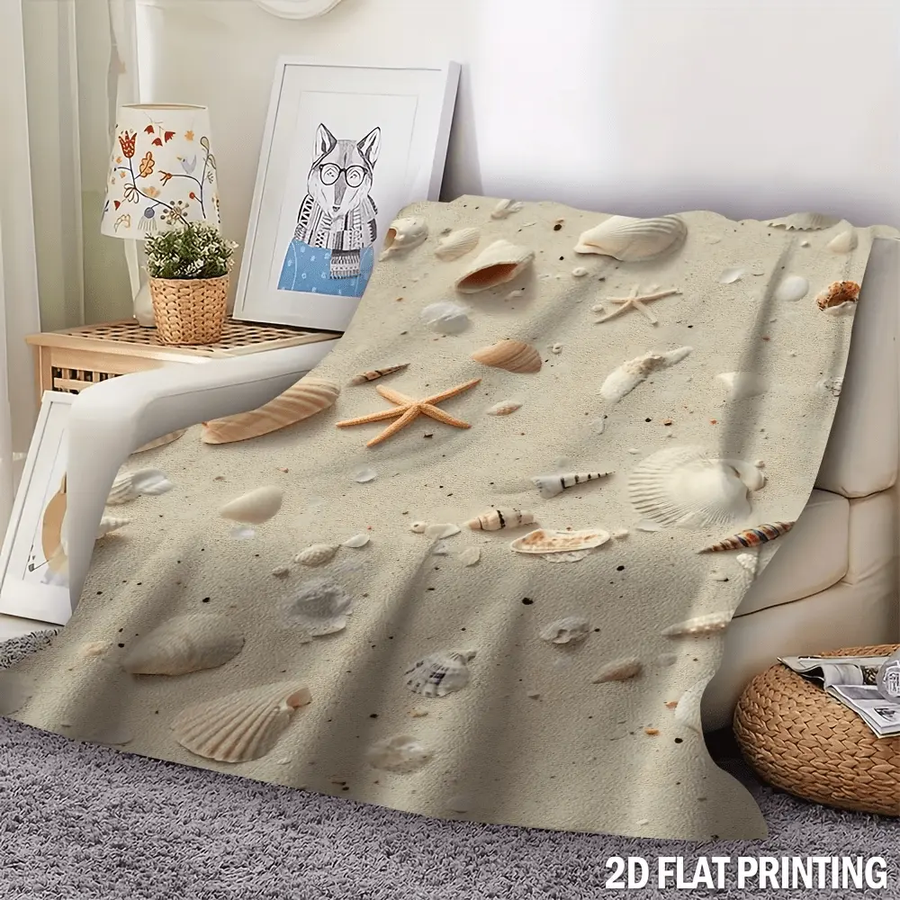 Retro Beach Camping Theme Sleeping Blanket - Summer Ocean Shells & Sand 2D Flat Digital Print, Soft Flannel All-Season Indoor/Outdoor Use, Cozy Throw for Home Decor, Festive Gift, Beach Blanket, Shell Pattern Design, Durable Comfort