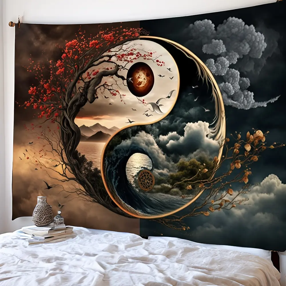 Yin Yang Taichi Symbol Tapestry - Smooth, Lightweight Print Wall Hanging, Eastern Zen Theme Backdrop for Living Room, Bedroom Indoors Home Decor