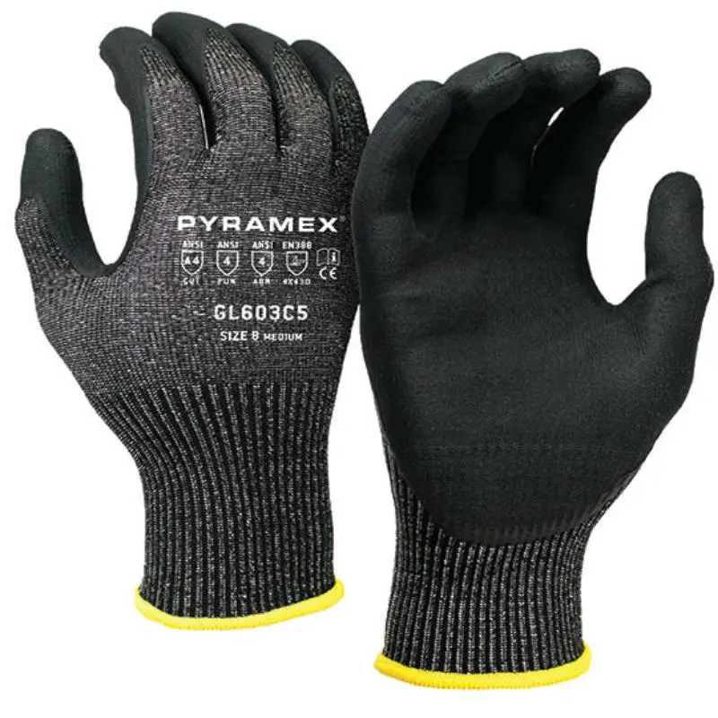 Pyramex GL603C5 ANSI A4 Cut-Resistant Work Gloves, 1 Pair, 13 Gauge HPPE, Micro-Foam Nitrile Coating, Abrasion-Resistant, Wrist Cuff Design