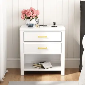 Solid Wood Bedroom Nightstand Cabinet - 2 Drawers, Open Storage Shelf, 2 Power Outlets, 1 USB Port, 1 Type-C Port,WHITE Cabinet,furniture table