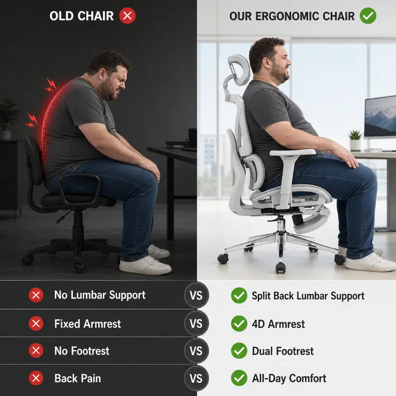 Comparison of old office chair with back pain versus Airo ergonomic chair with full support