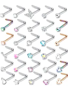 30 Pcs Colorful Mini Zirconia Star Butterfly Nose Rings for Women Men Hypoallergenic L-shaped Stainless Steel Nose Ring Studs for All-day Comfortable Wear Exquisite Heart Opal Shiny CZ Designs Classic Straight L Shaped Practical Screw Style Nose Rings