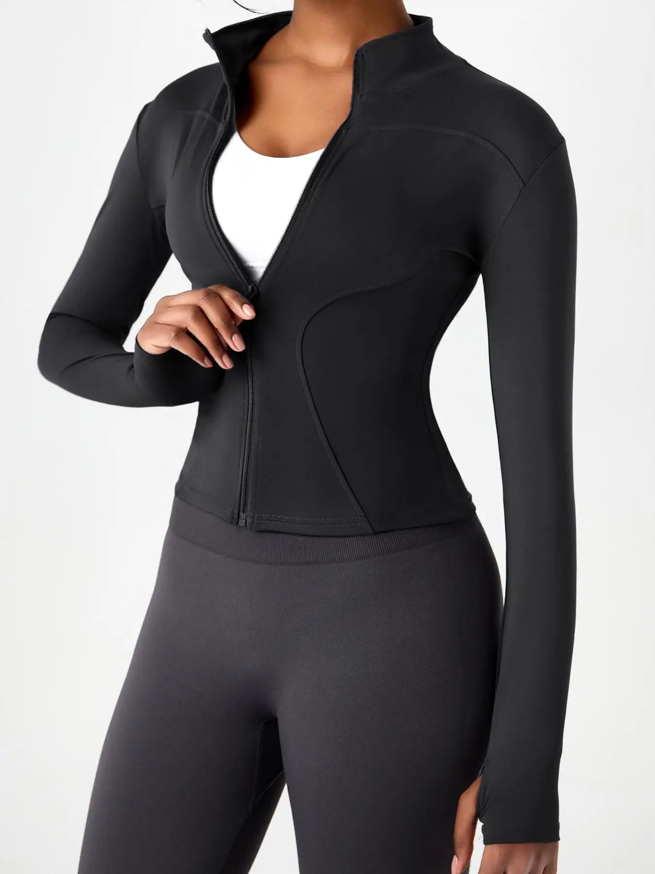 Women's Solid Zip Up Skinny Sports Jacket, Pickleball & Tennis Clothes, Comfortable Long Sleeve Mock Neck Sports Outerwear, Ladies Sportswear for Gym