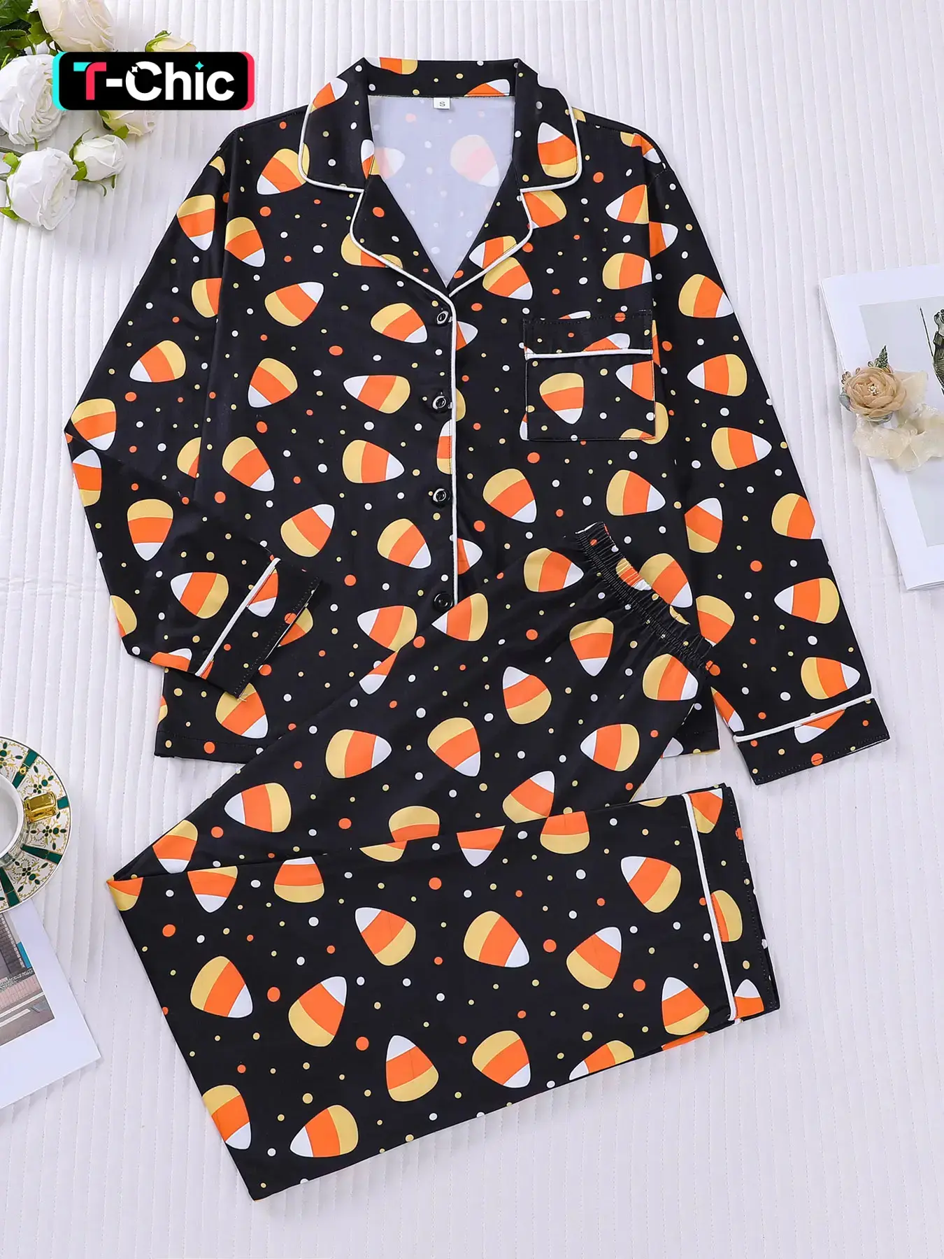 2-piece set, Loungewear set, Pajama with black background, colorful polka dot, long sleeved pants, soft comfortable, smooth top, small pocket, button closure, elastic waistband, suitable for all seasons home casual, Knitted