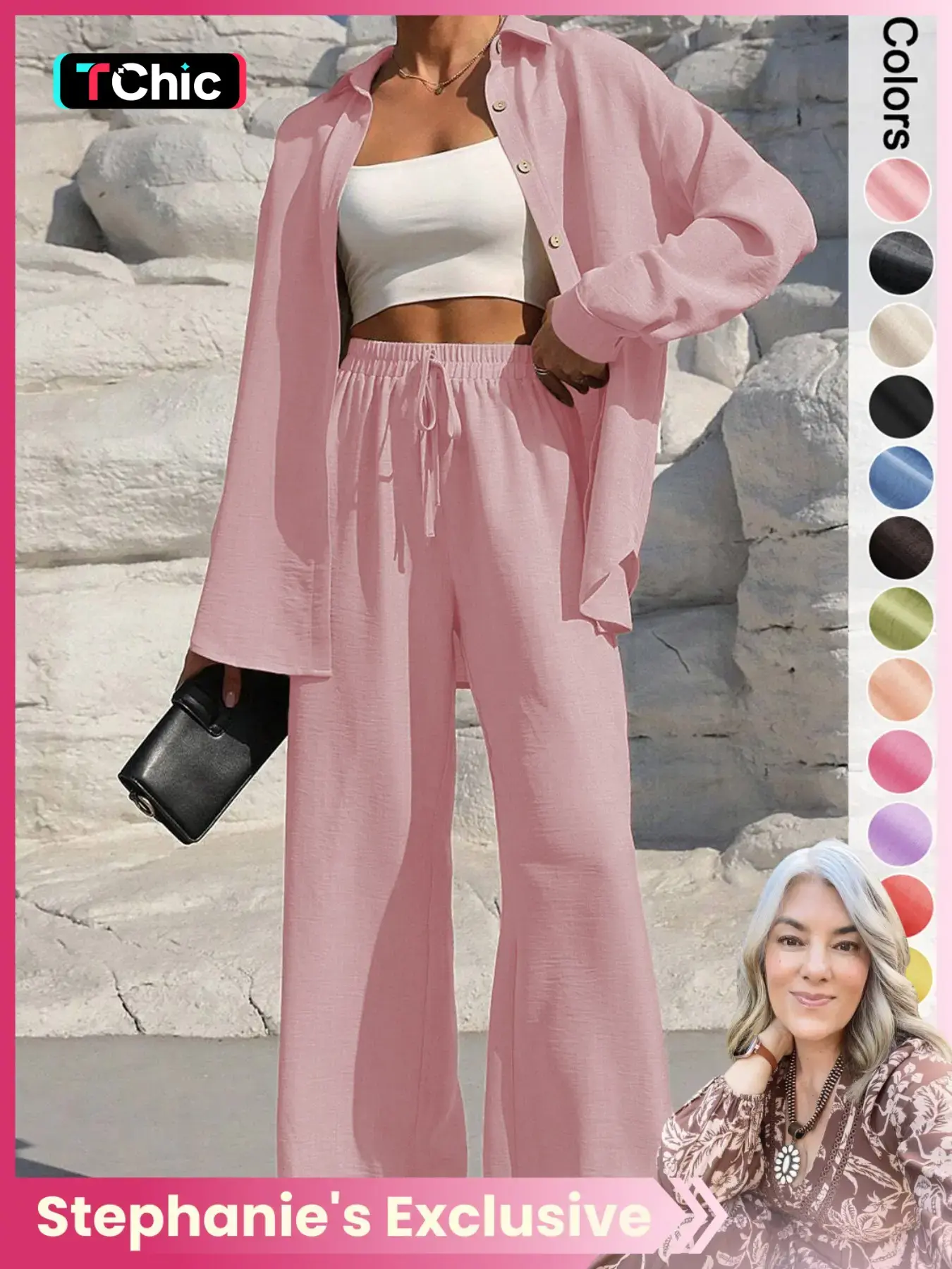 【Stephanie's Exclusive】 Women's Fashion Set, Loose-Fitting Casual Long-Sleeve Shirt and Wide-Leg Pants, Spring & Fall Outfit, Womenswear