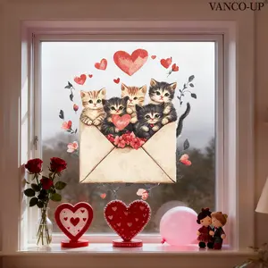 Valentine's Day Cat Envelope Heart 2D Static Cling Window Sticker, 30x30cm Holiday Decoration Background, Ha1024-Yc
