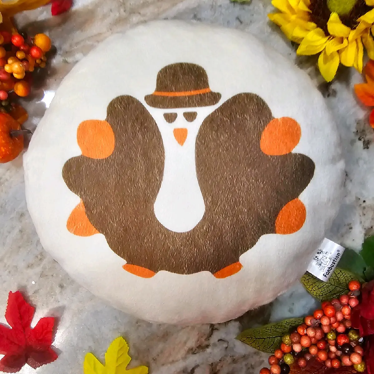 Kawaii Thanksgiving Sugar Cookie Pillow, 10-in Turkey Design, Break & Bake Themed Soft Decor Pillow for Textile Bedding Accents
