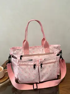 1pc Floral bow print multi pocket tote bag, Zipper Crossbody Tote, women's large capacity handbag, Fashionable Bags, with detachable crossbody strap, cute daily carry on bag, suitable for commuting, shopping, travel, school, work and leisure travel