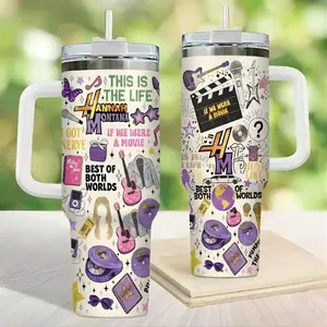 Hannah Montana 20th Anniversary Tumbler 40oz with Handle, Tumblers Purple Pop Star Drinkware Vacuum, Kpop Merch, Bottles Water Tumblers Stainless Steel Mug, Gift For Fans