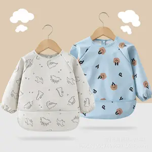 2 PCS Upgraded PU Leather Wipe and Clean Long Sleeve Baby Bibs for Toddlers Soft Friendly to Skin Waterproof Boys Girls Smock with Food Catcher Pocket for Feeding Eating FOR Baby 6-24 Months