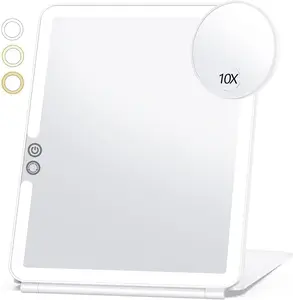 Large Makeup Mirror with Round 10X Magnifying Mirror, Travel Lighted Makeup Mirror, 3 Color Lighting, Rechargeable 2000mAh Batteries, Portable Ultra Slim Vanity Mirror, Travel Essential for Women
