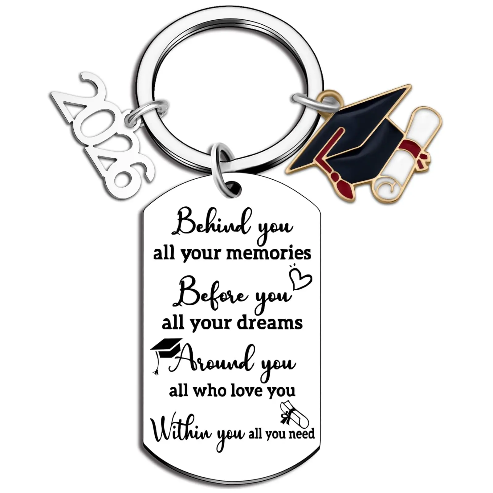 Class of 2026 Graduation Metal Keychain, Durable Stainless Steel Symbolic Souvenir Gift for Master's Students, Keychain Accessories with Grad Cap & Diploma Charms, Unisex Adults, Key Holder, College, High School, Or Master's Students, Key Chain Decoration