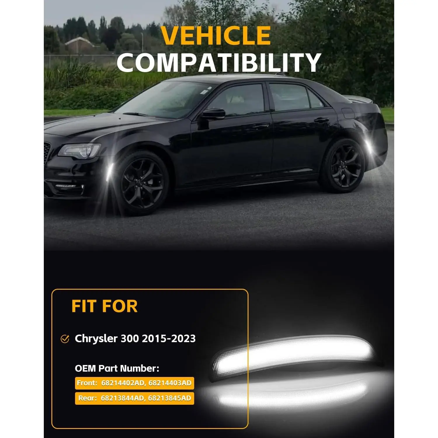 LED Car Lights for Chrysler 300 (2015-2024) - IP67 Waterproof Full Strip Side Marker Kit, Smoked/Clear Lens, Front Rear Bumper Fender Lamps, OEM Fit Plug-In White Led Light Replacement Led Backlights
