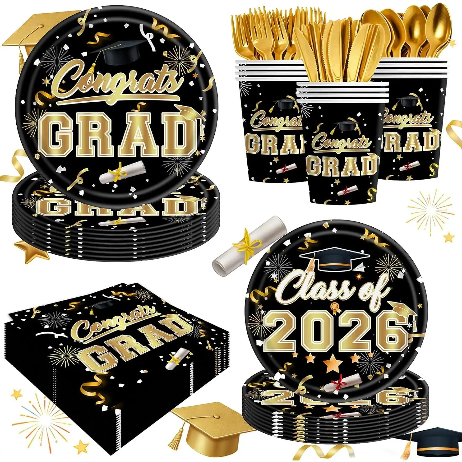 2026 Graduation Disposable Party Supplies Kit (Black+Golden) - 140pcs for 20 Guests, Dinner & Dessert Plates, Napkins, Cups, Forks, Knives, Spoons for Graduation Celebrations