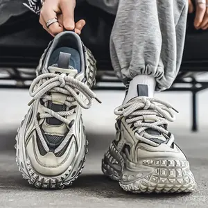 (New)Men'S Retro Dad Shoes|   Gray-Black/Gray-White Striped Tire Sole Sports Shoes, Upper, Rubber Sole, Fabric Lining, Lace Closure|   Perfect for Daily Street Wear, Campus Outfits, Casual Sports Styles