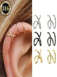6pcs Hypoallergenic Stainless Steel Ear Clips, Simple Hip Hop Style Non-Pierced Earrings, Suitable for Men and Women Daily Wear