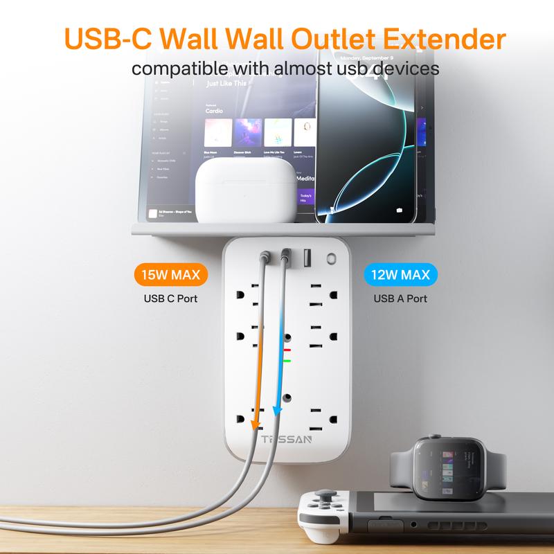Tessan Wall Outlet Extender with Shelf Night Light Multi Plug Outlets USB Charger 6 AC 2 USB Ports 1 USB C for Home Office