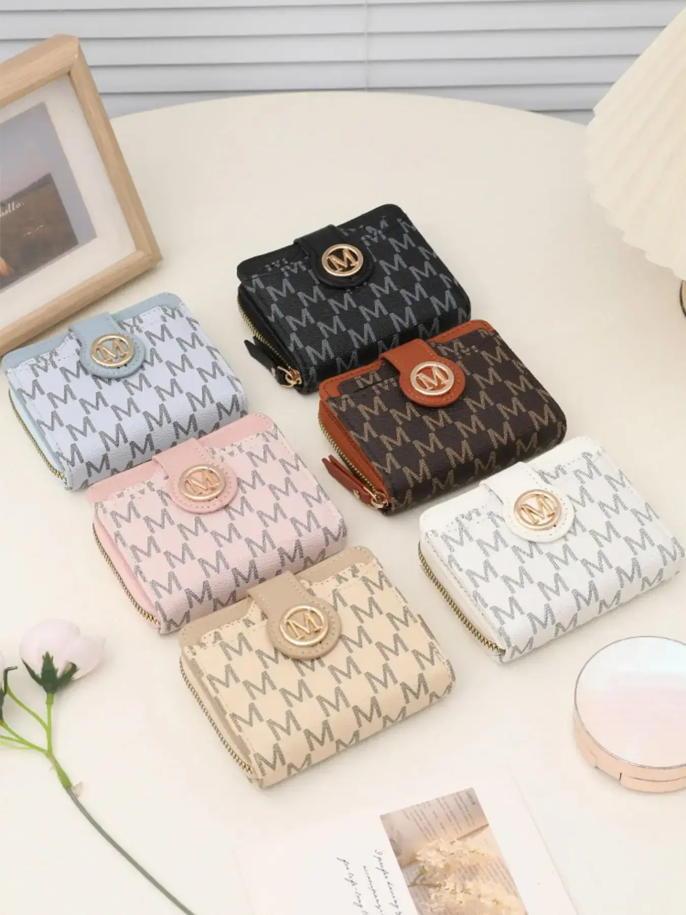 Women's Ultra-Thin Trifold Wallet with Keychain and Wristband, ID Window, Card Slots, Zipper Coin Pocket, Small and Portable