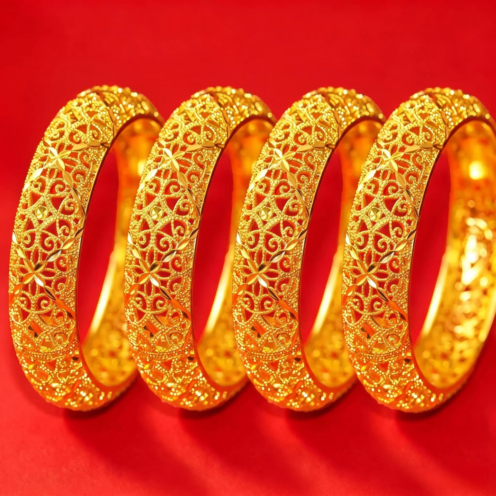 4Pcs Women's 24K Gold Tone Plated Dubai Style Filigree Bangle Set, Open Adjustable Hollow Carved Cuff Bangles, Hypoallergenic & Water Resistant, Wedding Party Jewelry Gift