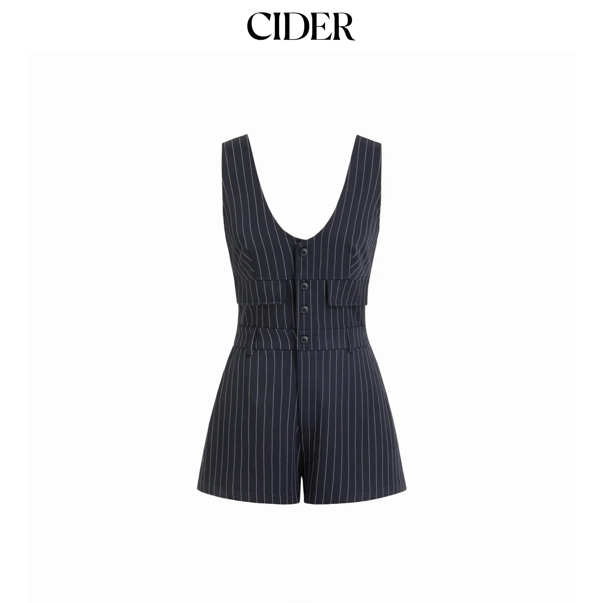 Cider Women's Casual Stripe V-Neck Overall Romper, Sleeveless Mid Rise Summer Style with Flap Pockets, Overalls