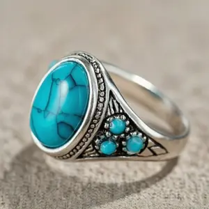Classic silver plated turquoise alloy ring for men and women, daily wear jewelry and gift for friends, lovers