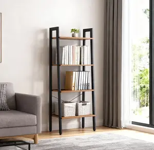 Ladder Shelf, 4-Tier Display Bookshelf, Industrial Style Storage Standing Shelf, Decorative Shelves with Stable Frame for Living Room, Bedroom, Office, Kitchen, Bathroom, Brown