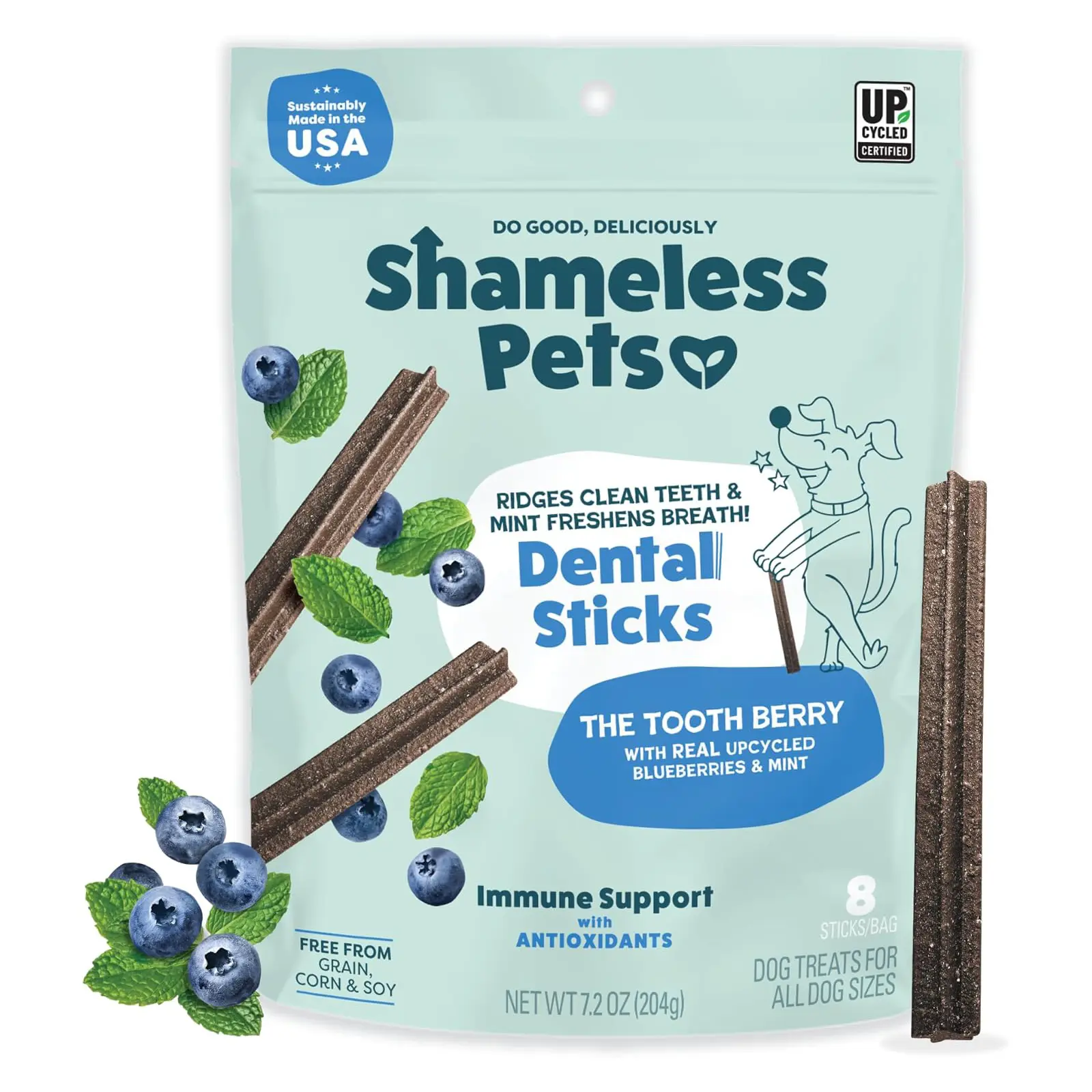 Shameless Pets Blueberry & Mint Dental Chews for Dogs, 8 Chews - Natural Dog Teeth Cleaning Treats with Fresh Breath Benefits | Grain-Free Dental Sticks for Small, Medium & Large Dogs